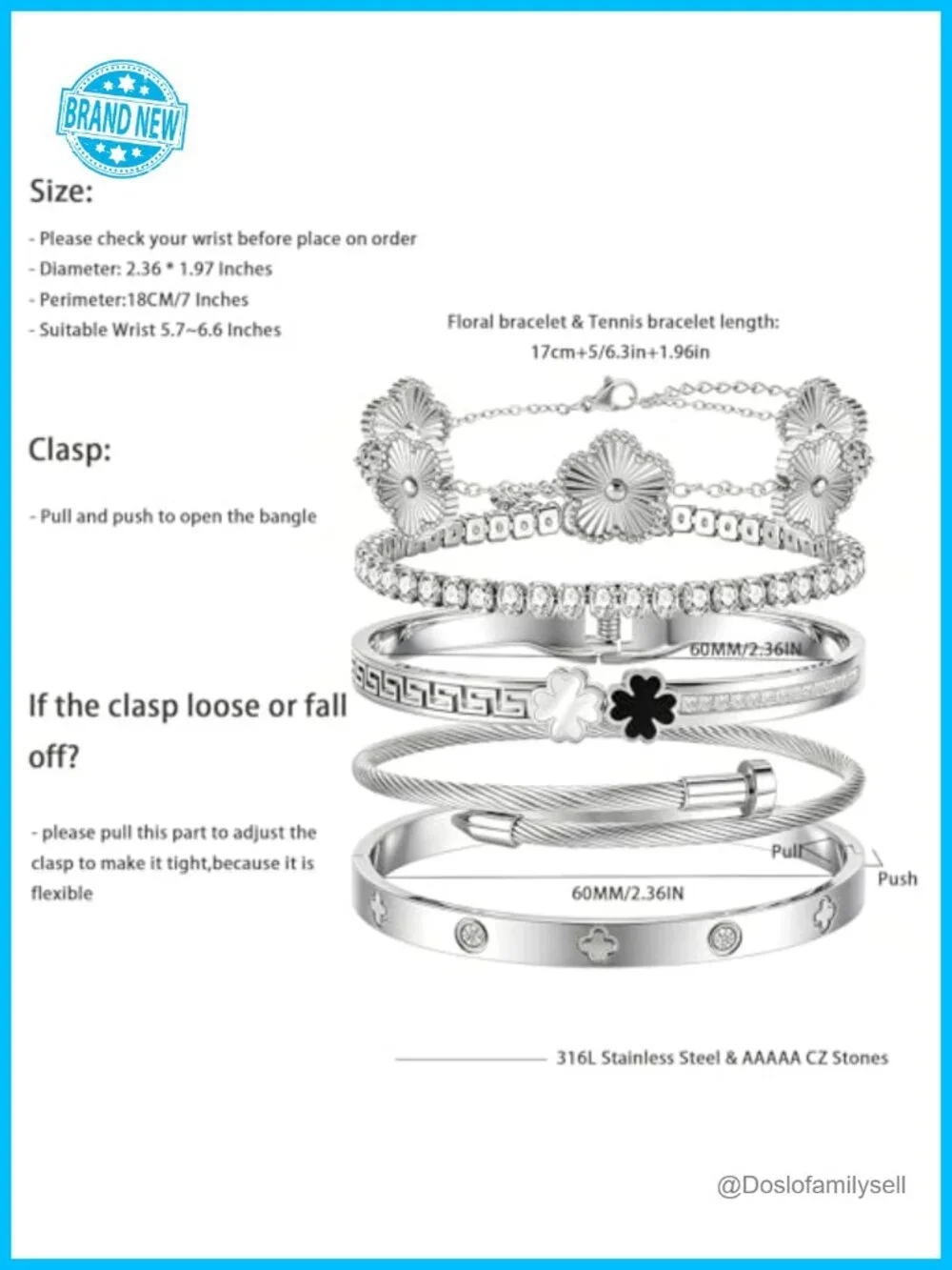 Stackable Bangle Bracelets Set Stainless Steel Non Tarnish Clover Charm